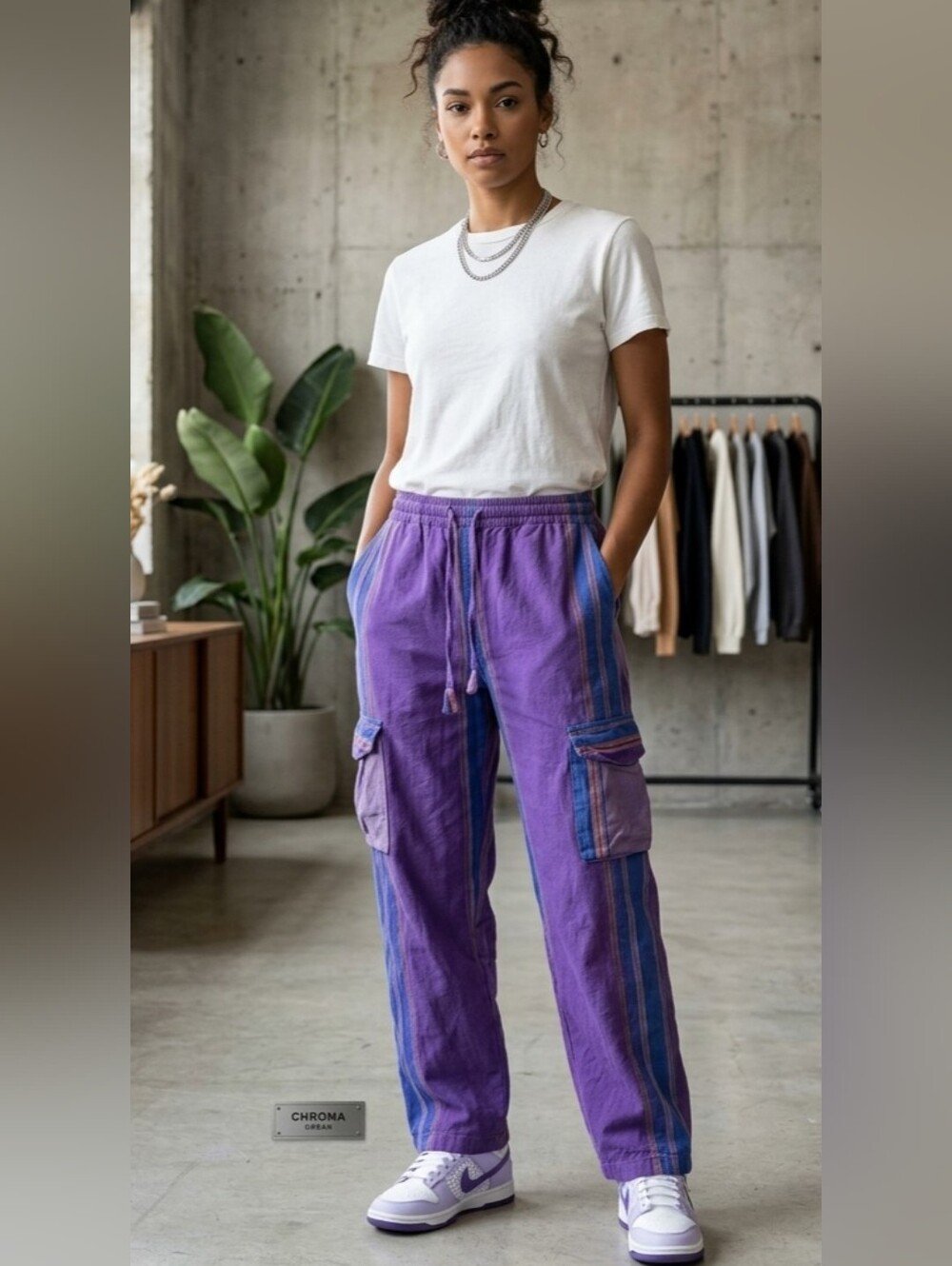 Cotton Boho Purple Cargo Pants with Stripe Detail